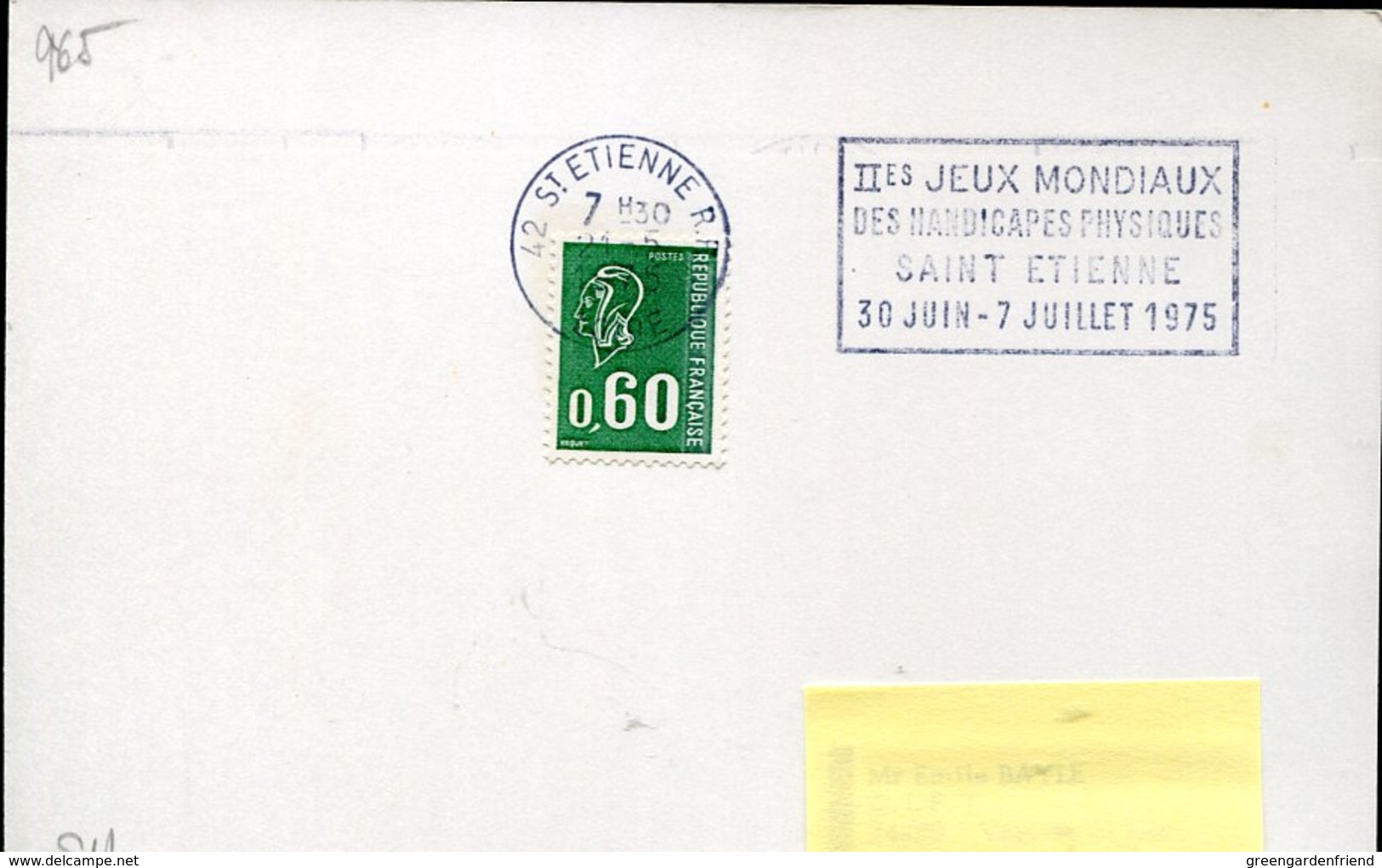 42029 France, Special Postmark 1975 St.etienne, Jeux Mondiaux Des Handicapes Physiques, - Handicaps