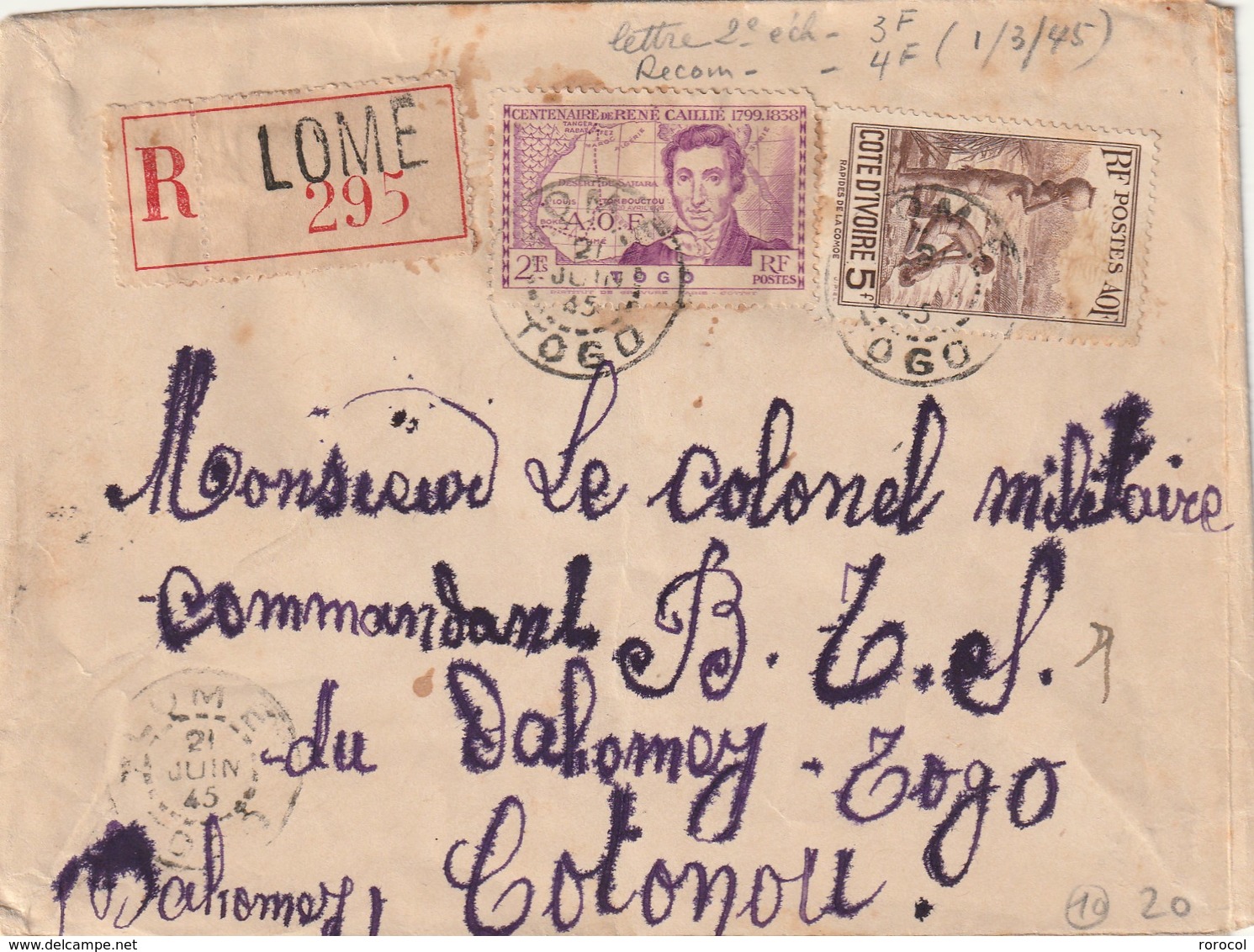 LETTRE RECOMMANDEE 1945 LOME Affranchissement Timbe Togo Et Côte D'Ivoire - Covers & Documents