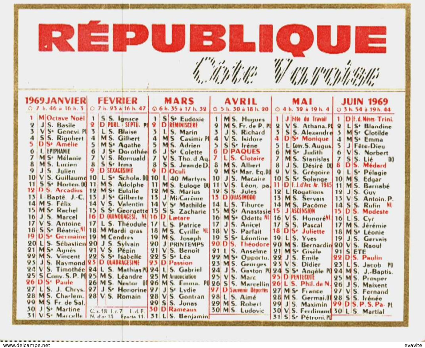 Petit Calendrier 1969  -       Journal REPUBLIQUE Côte Varoise - Petit Format : 1961-70