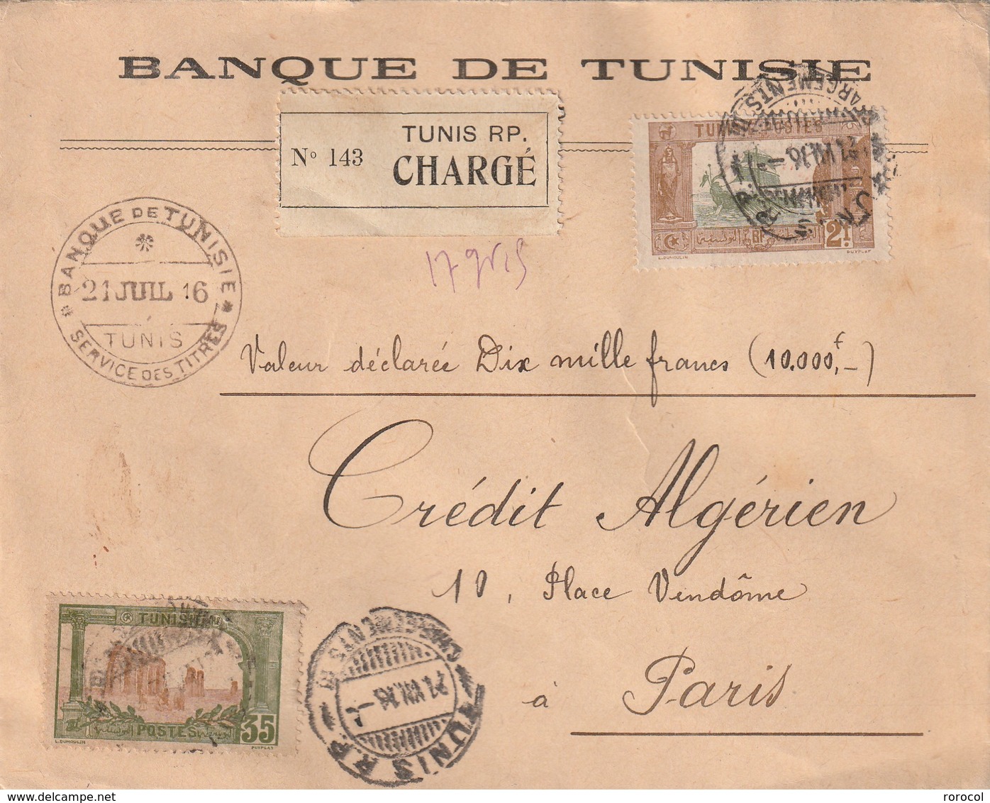 LETTRE CHARGEE TUNIS RP 1916 Superbe Cachet Administratif Banque De Tunis - Lettres & Documents