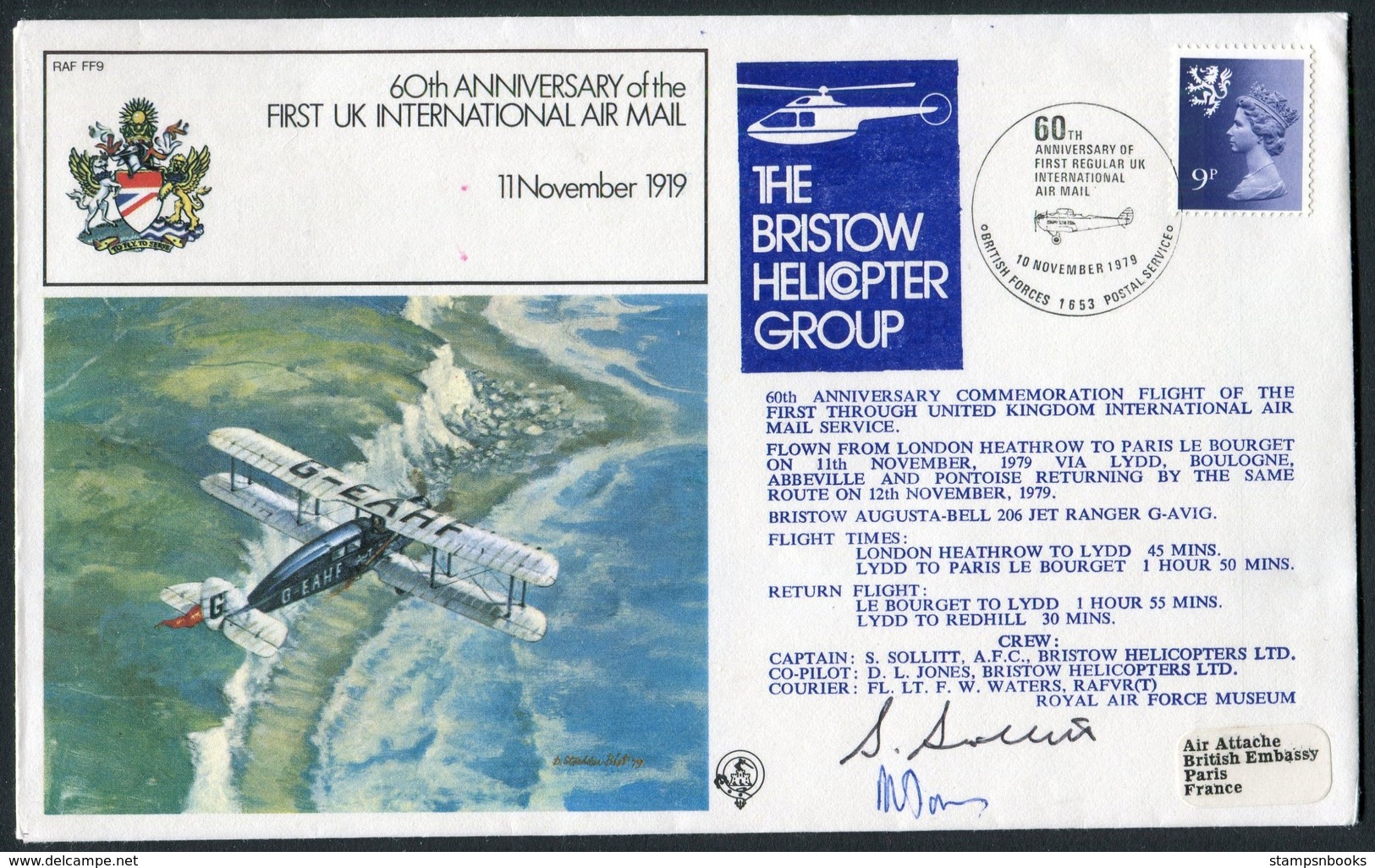 1979 GB RAF FF9 Royal Air Force Signed BFPS Cover. Bristow Helicopter London - Paris France - Covers & Documents