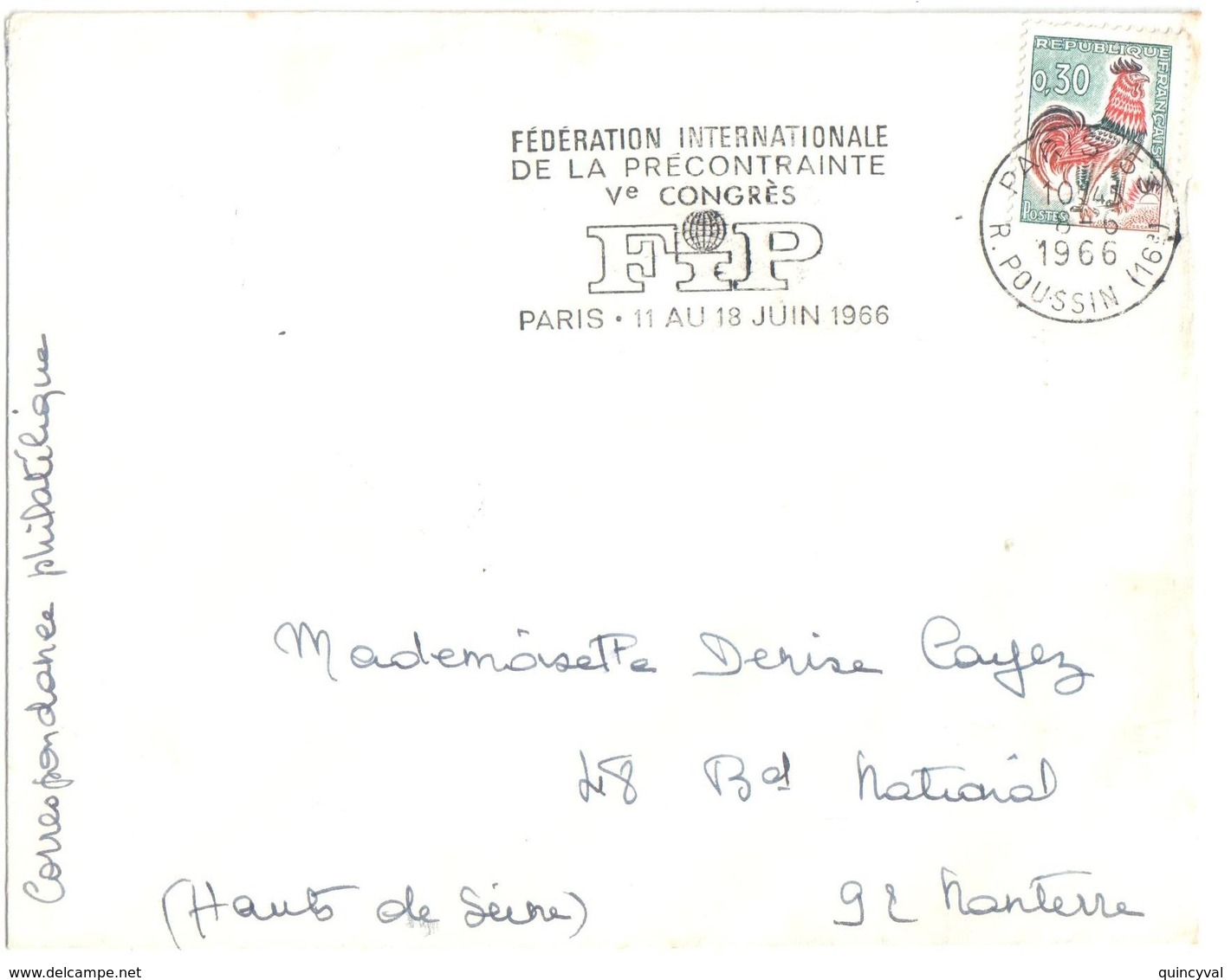 PARIS 53 R.Poussin 30c Coq Decaris Carnet Yv 1331A Flamme Fed Interntionale PRECONTRAINTE Congrés 1966 Bêton Bâtiment - Physics