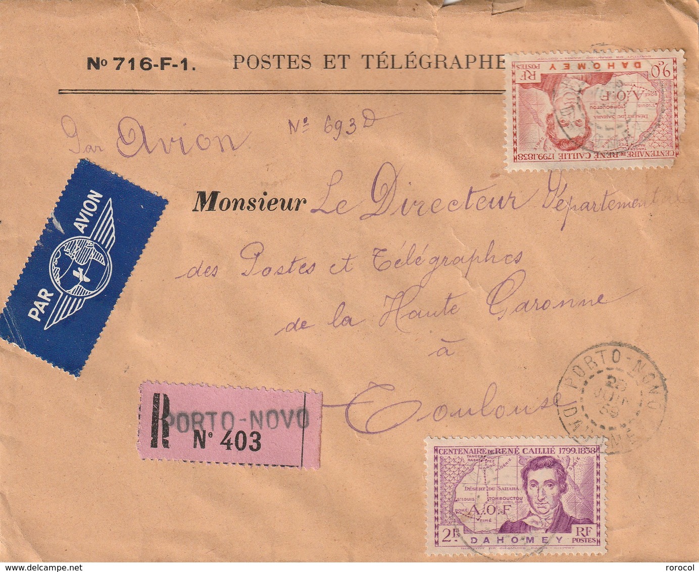 LETTRE RECOMMANDEE 1939 PORTO-NOVO Bel Affranchissement - Lettres & Documents
