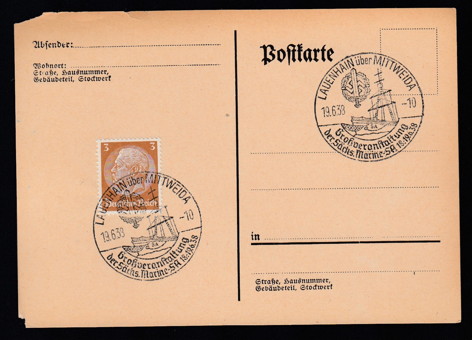 Deutsches Reich Postkarte Ungelaufen Sonderstempel 1938 Lauenhaisn über Mittweida Lot 347D - Maschinenstempel (EMA)