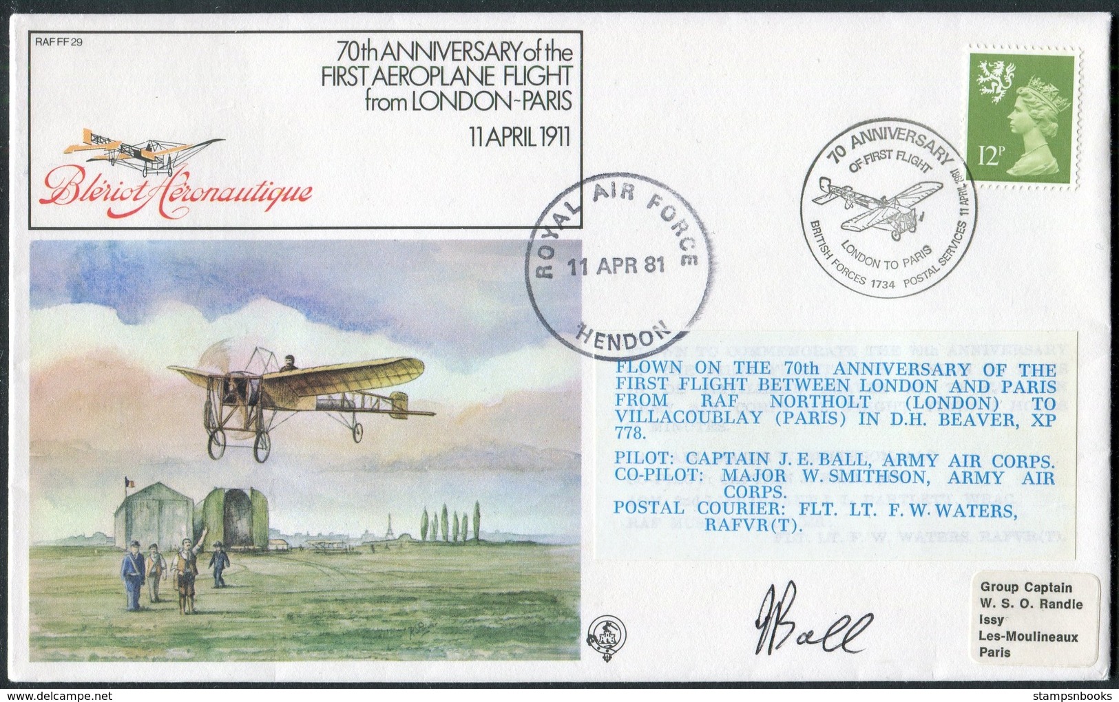 1981 GB RAF FF29 Royal Air Force Signed BFPS Cover. RAF HENDON , London - Paris Orly - Covers & Documents