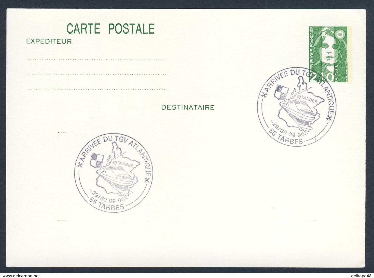 France Rep. Française 1990 Card / Karte / Carte - Arrivee TGV Atlantique, Tarbes / Hochgeschwindigkeitszug, Wappen - Treinen