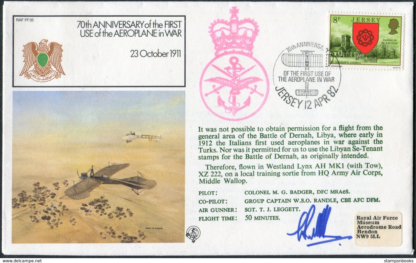 1982 Jersey RAF FF35 Signed Flight Cover. Army Air Corps, Middle Wallop. 70th Anniversary Of First Aeroplane Use In War - Jersey