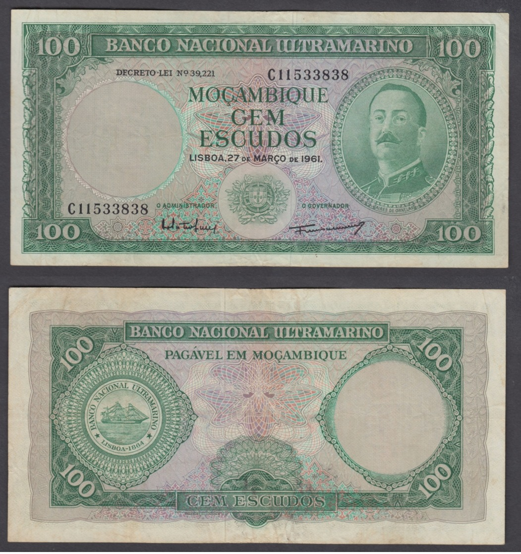 Mozambique 100 Escudos 1961 (VF) Condition Banknote P-109 - Mozambique