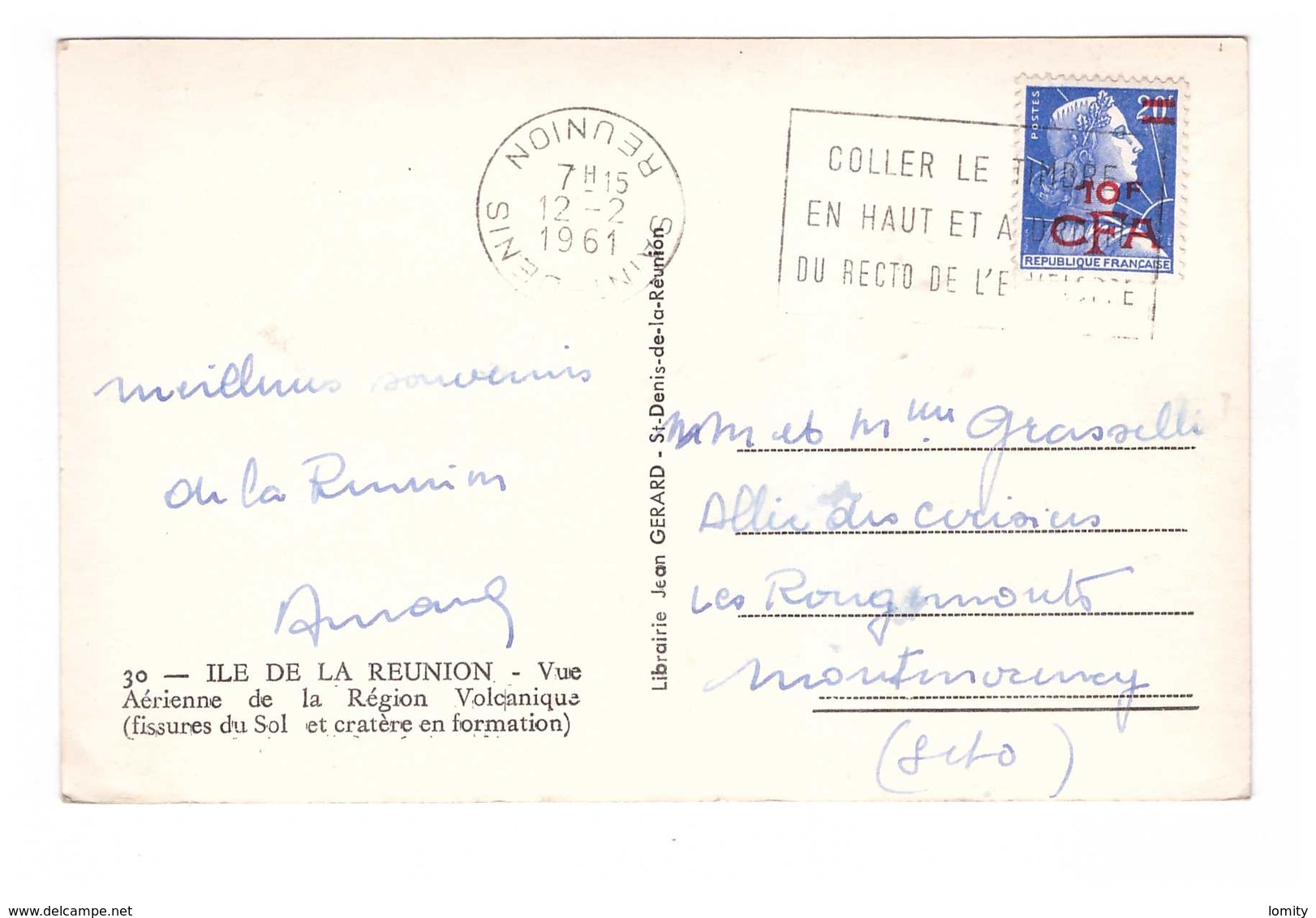 Ile De La Réunion Vue Aerienne Région Volcanique Fissures Du Sol Cratere En Formation + Timbre Surchargé Cachet 1961 - Autres & Non Classés