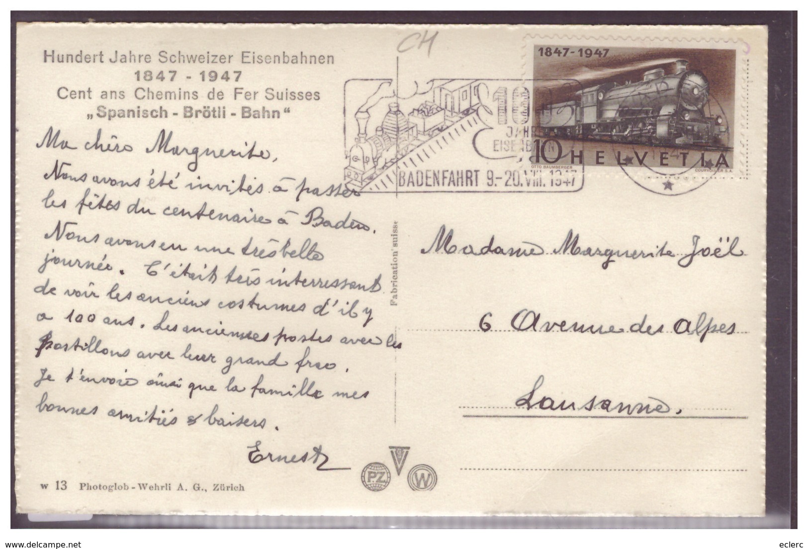 100 JAHRE SCHWEIZER EISENBAHNEN 1847-1947 - TRAIN - BAHN - AU DOS:  CACHET ET TIMBRE EN RAPPORT - TB - Port