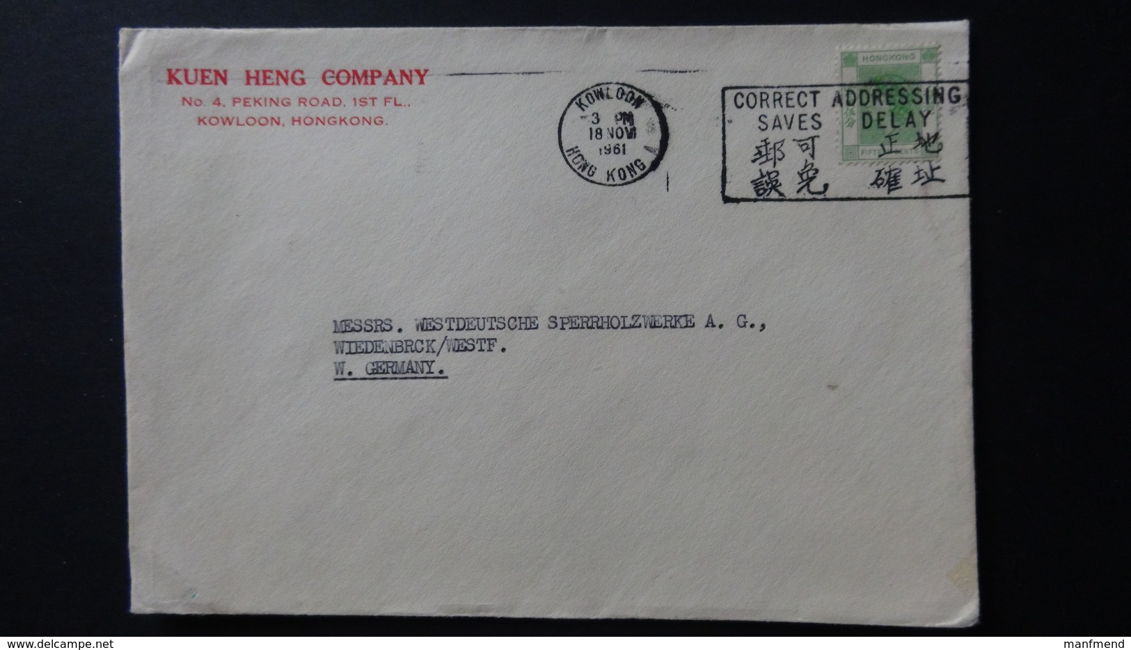 Hongkong - 1954 - Mi:HK 180, Sn:HK 187, Yt:HK 178 On Envelope - Look Scan - Lettres & Documents