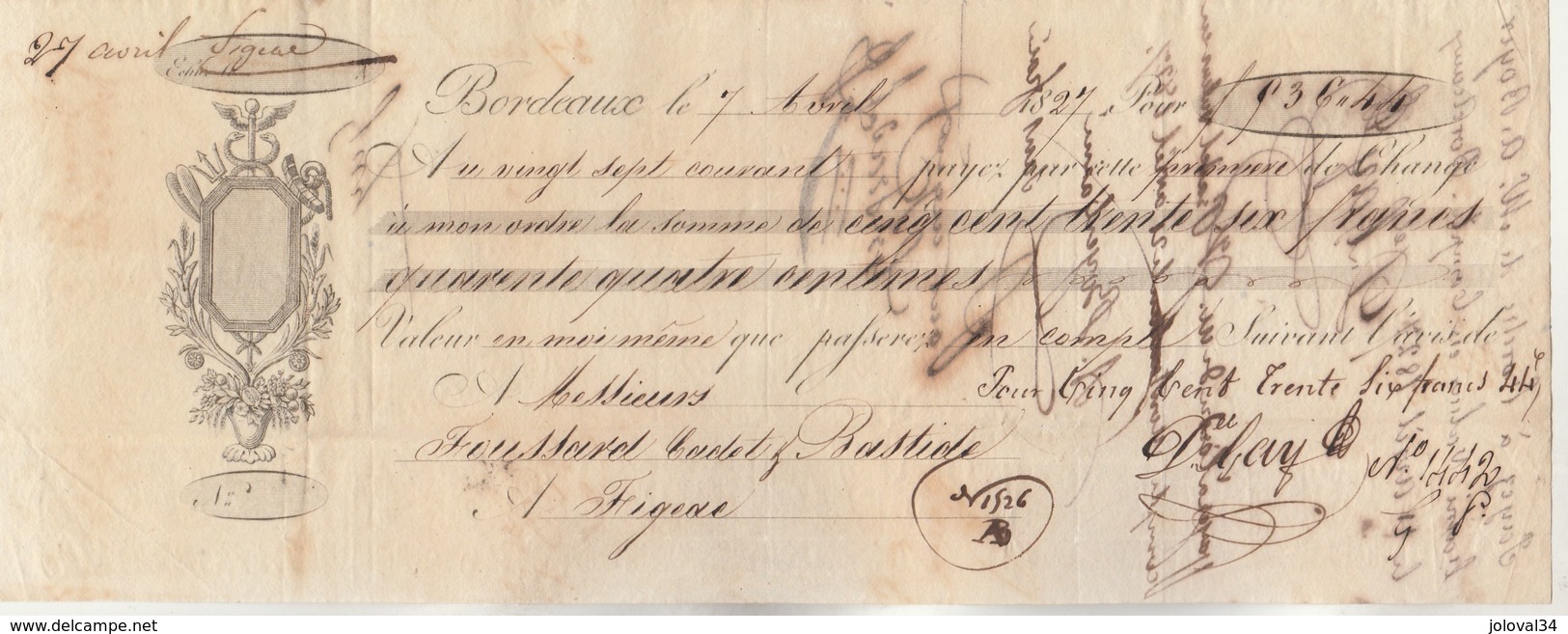 Lettre Change Illustrée 7/8/1827 GAY BORDEAUX GIRONDE - Foussard Bastide Figeac Lot - Lettres De Change