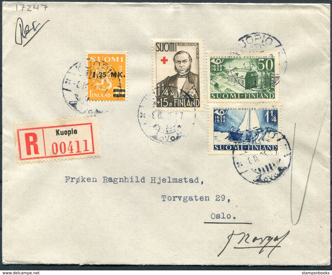 1938 Finland Registered Kuopie Cover - Oslo (Norge R Machine Arrival) - Covers & Documents