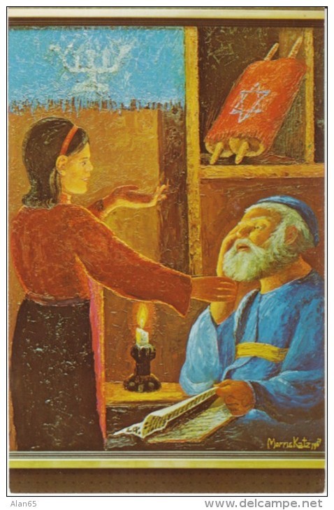 Morris Katz Artist Signed Rabbi And Girl Have Lesson, C1960s Vintage Postcard - Jewish