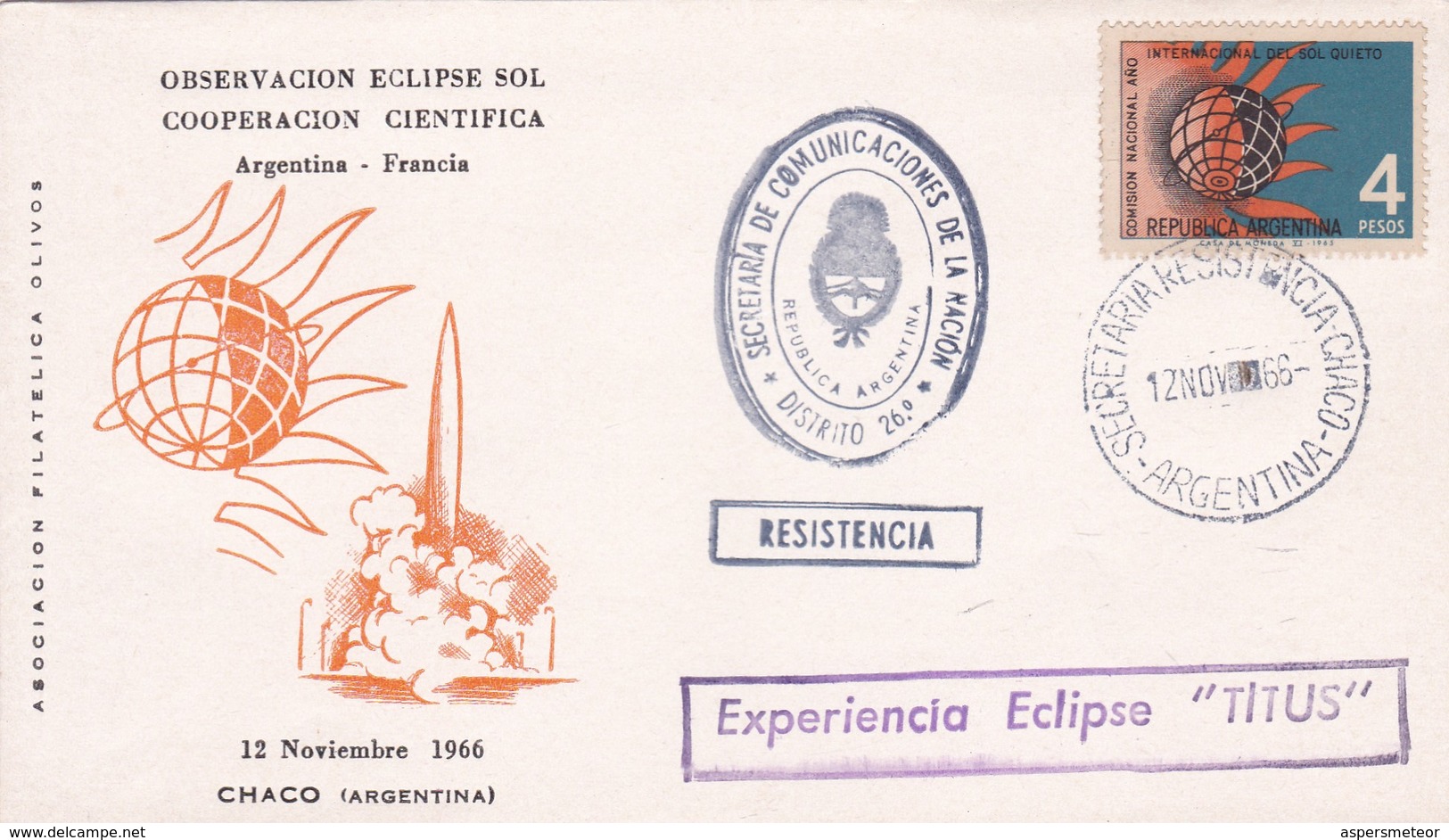 OBSERVACION ECLIPSE DE SOL COOPERACIN CIENTIFICA ARGENTINA~FRANCIA SPECIAL COVER 1966 RESISTENCIA, CHACO-AUTRES..- BLEUP - Astronomy