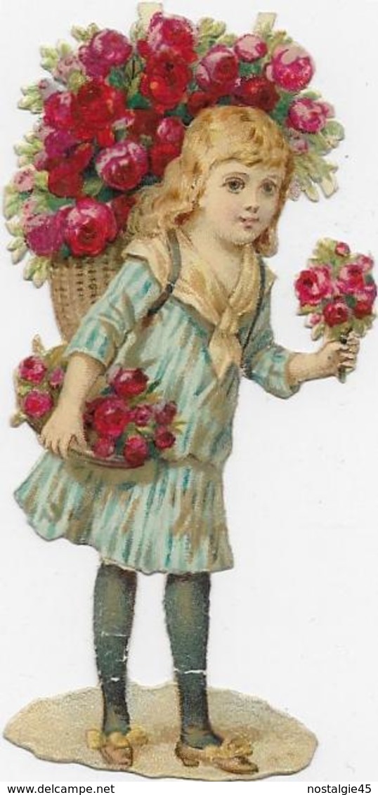 Chromo-découpi 8/4cm. : Fillette Blondinette Robe Bleue Avec Hotte, Panier Et Bouquet De Roses Rouge - Enfants