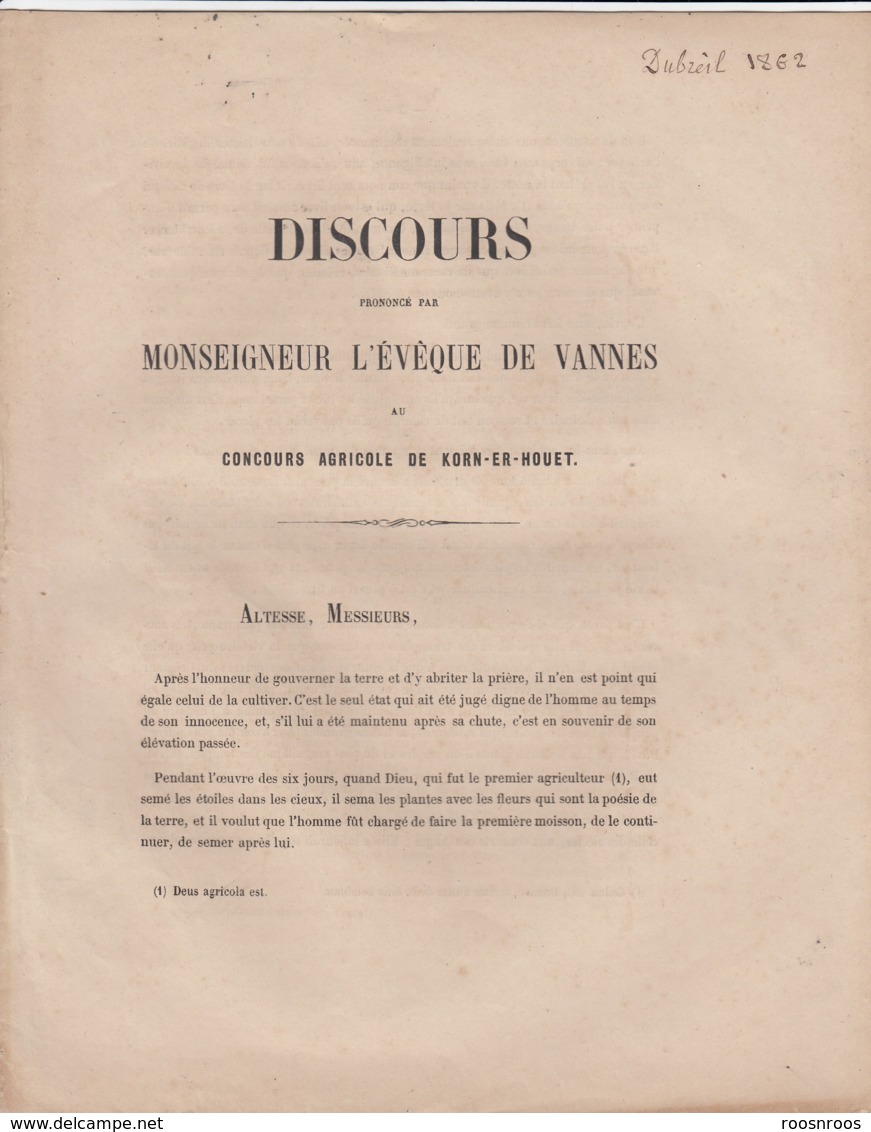 DISCOURS  EVEQUE  DE VANNES  - CONCOURS AGRICOLE DE  KORN ER HOUET - COLPO MORBIHAN 1862 - Documents Historiques