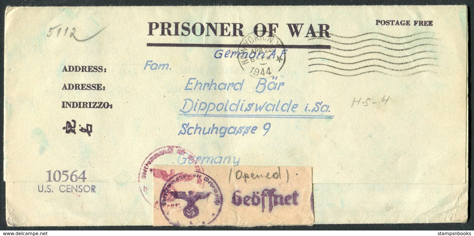 1944 USA Prisoner Of War Censor Cover - Dippoldiswalde Germany. POW Camp Swift Texas Kriegsgefangen. Chemical Swipe - Lettres & Documents