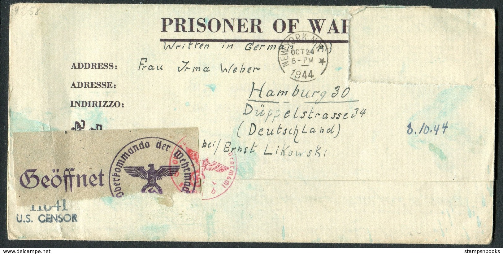 1944 USA Prisoner Of War Censor Cover - Hamburg Germany. POW Camp Carson Kriegsgefangen. Chemical Swipe - Briefe U. Dokumente