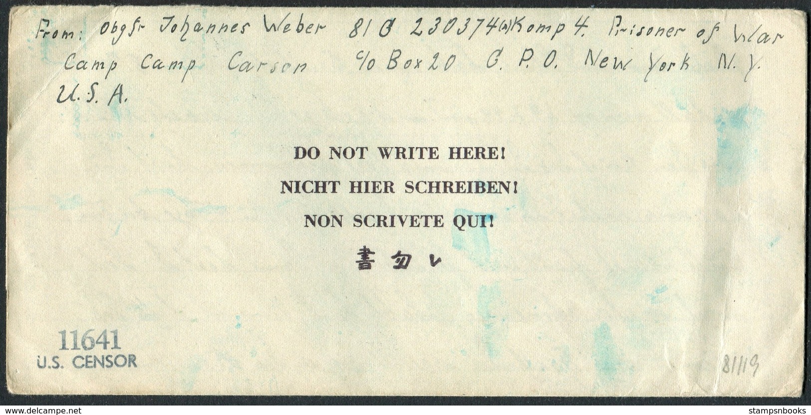 1944 USA Prisoner Of War Censor Cover - Hamburg Germany. POW Camp Carson Kriegsgefangen. Chemical Swipe - Briefe U. Dokumente