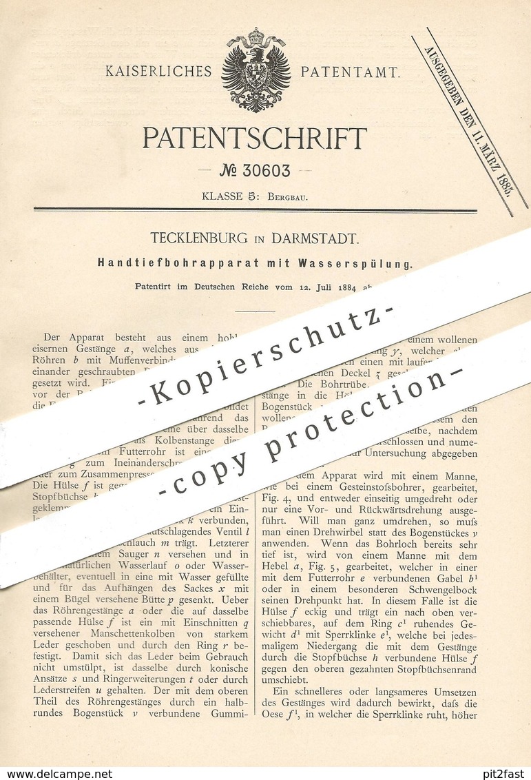 Original Patent - Tecklenburg , Darmstadt , 1884 , Handtiefbohrapparat Mit Wasserspülung | Bohrer , Bergbau , Bergwerk - Historische Dokumente