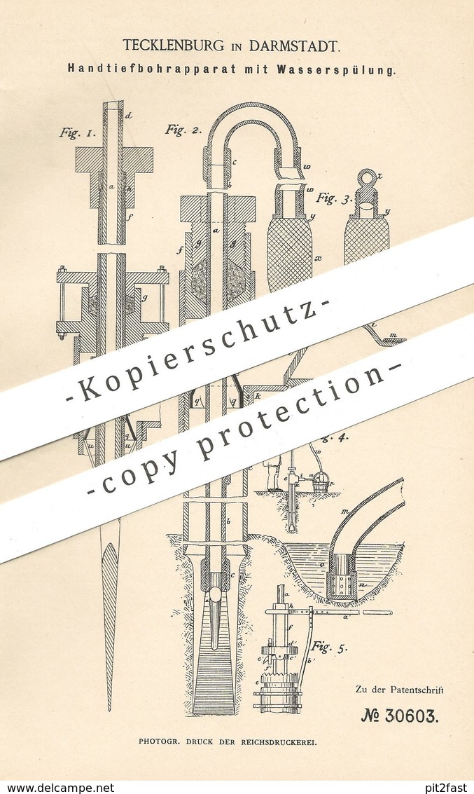 Original Patent - Tecklenburg , Darmstadt , 1884 , Handtiefbohrapparat Mit Wasserspülung | Bohrer , Bergbau , Bergwerk - Historische Dokumente