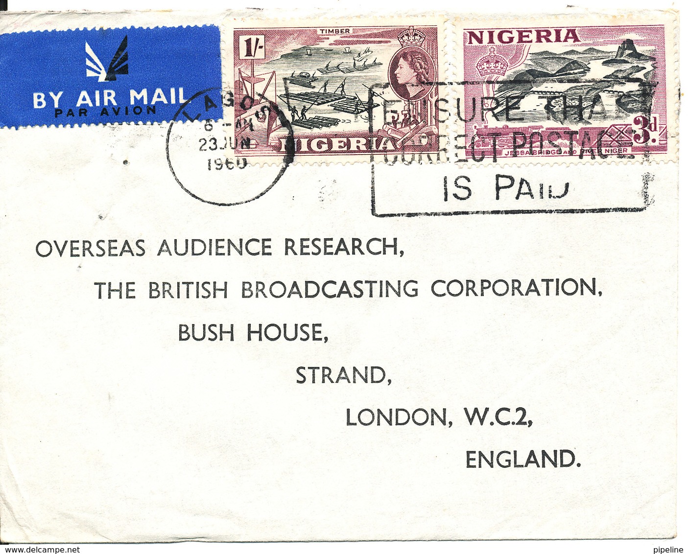 Nigeria Cover Sent Air Mail To England Lagos 23-6-1960 - Nigeria (...-1960)