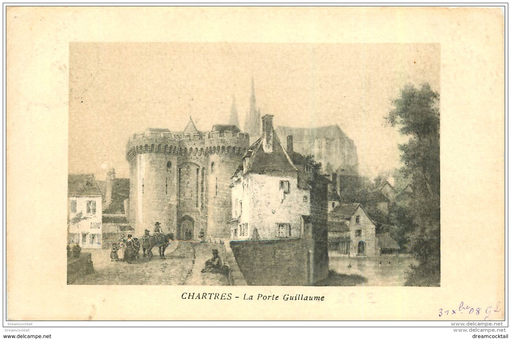 28 CHARTRES. Porte Guillame 1908. Carte Style Parchemin Papier Velin Découpe à La Ficelle - Chartres