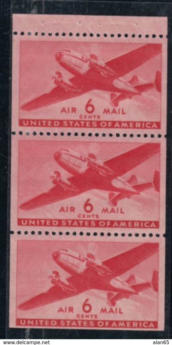 Sc#C25a, 6c Airmail 1943 Issue, MNH Booklet Pane Of 3 US Postage Stamps - 2b. 1941-1960 Unused