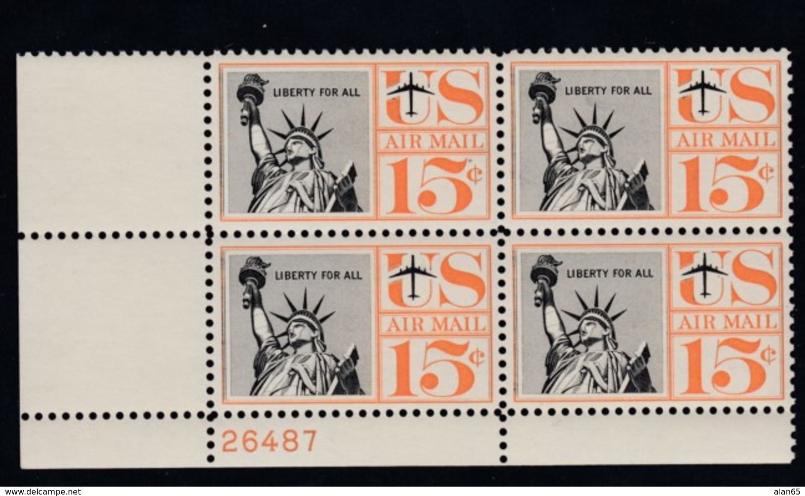 Sc#C58, 15c Airmail Statue Of Liberty 1959 Issue, Unused Original Gum Plate # Block Of 4 US Postage Stamps - 2b. 1941-1960 Ungebraucht