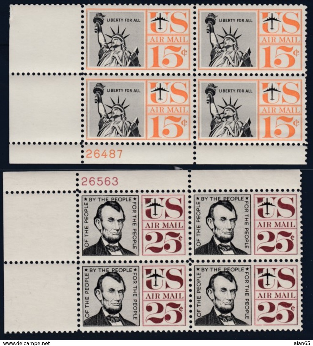 Sc#C58 & C59, 15c & 25c Airmail, Liberty & Lincoln 1959 Issue, Two Plate # Blocks Of 4 US Postage Stamps - 2b. 1941-1960 Unused