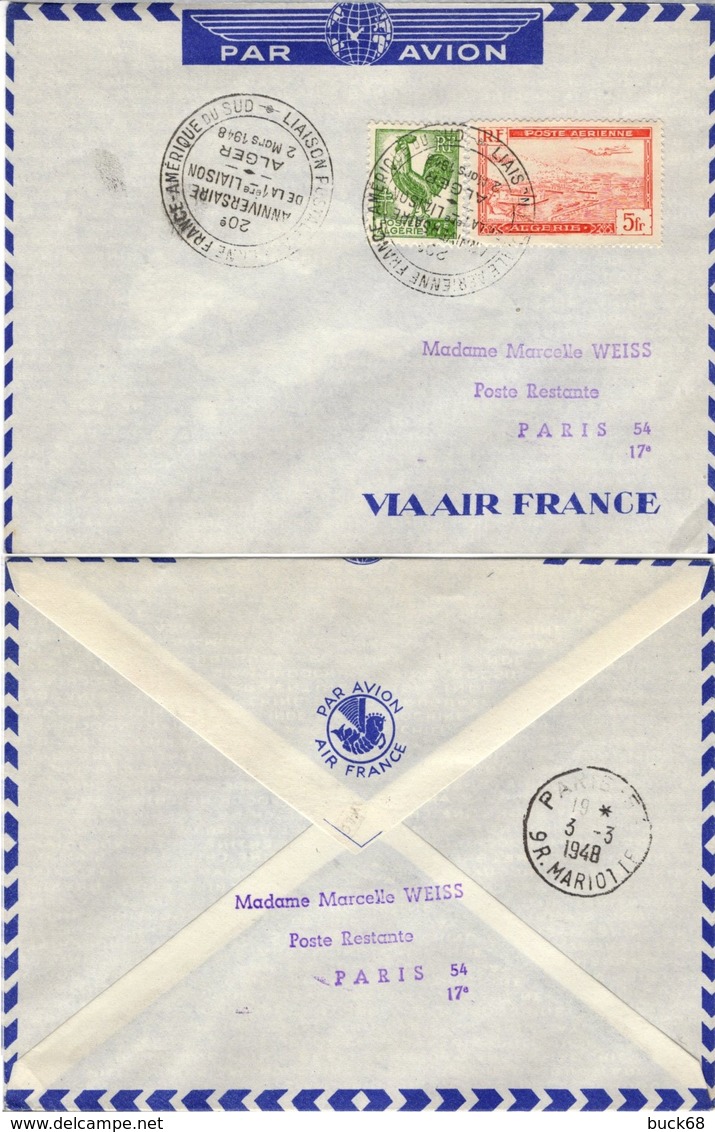 ALGERIE ALGERIA Poste Aérienne  1 + 219 (o) 20ème Anniversaire Alger - Paris 1948 Par Avion Air France - Airmail