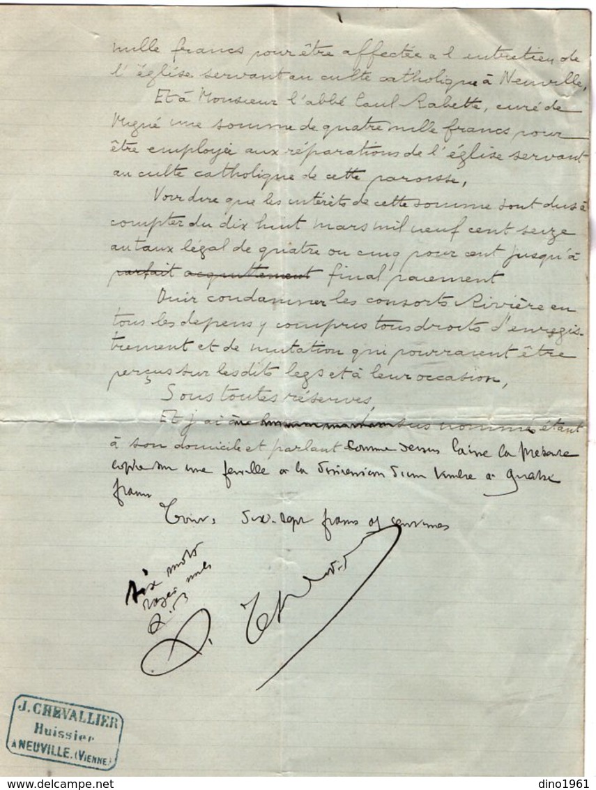 VP14.377 - NEUVILLE EN POITOU - Acte De 1922 - Mrs L'Abbé H. PARENT & L'Abbé P. RABETTE à MIGNE Contre Mr O. RIVIERE - Manuscripts