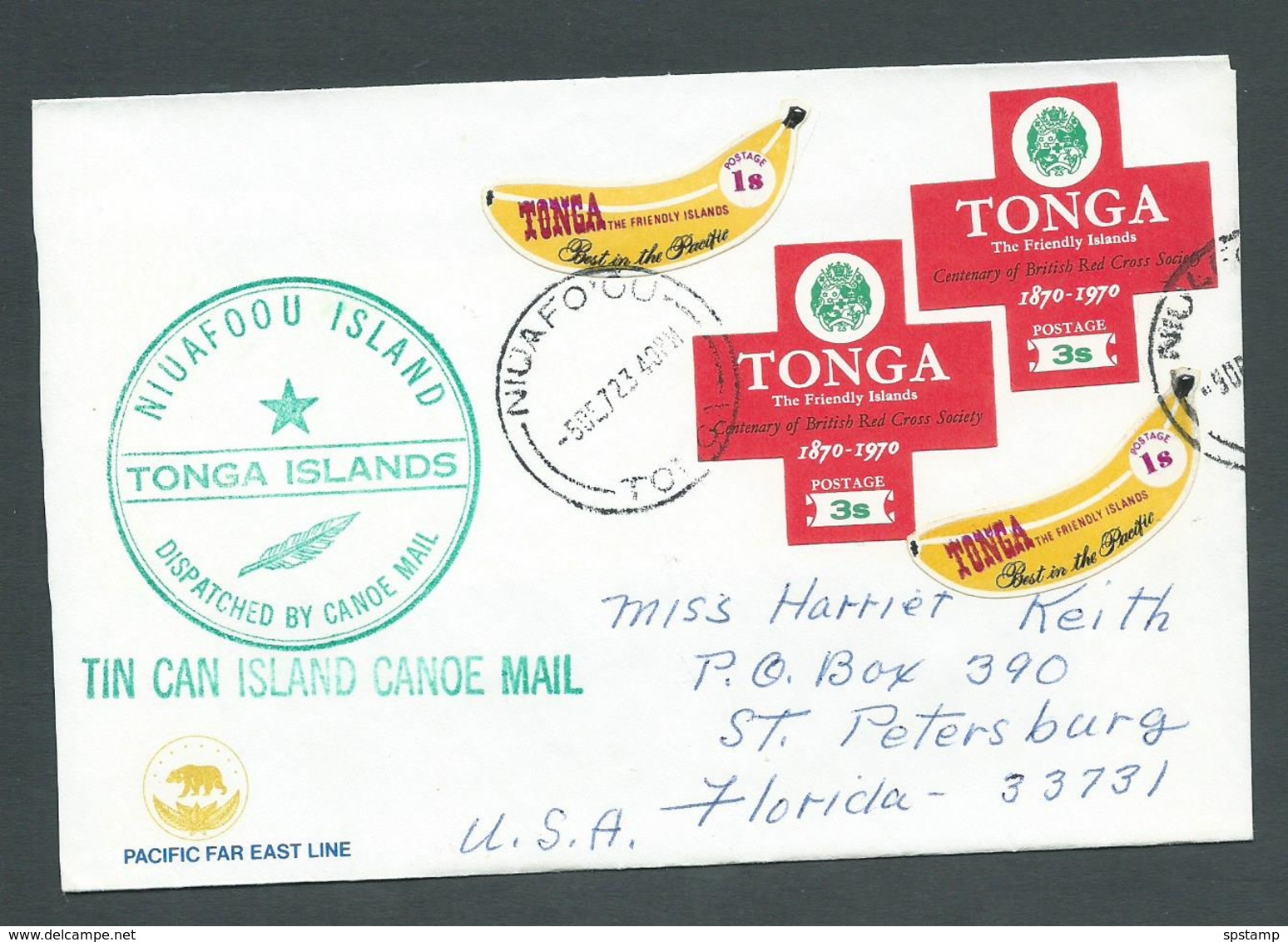 Tonga 1972 Cover With 2 X 3s Red Cross & 2 X 1s Banana Self Adhesives To USA - Tonga (1970-...)