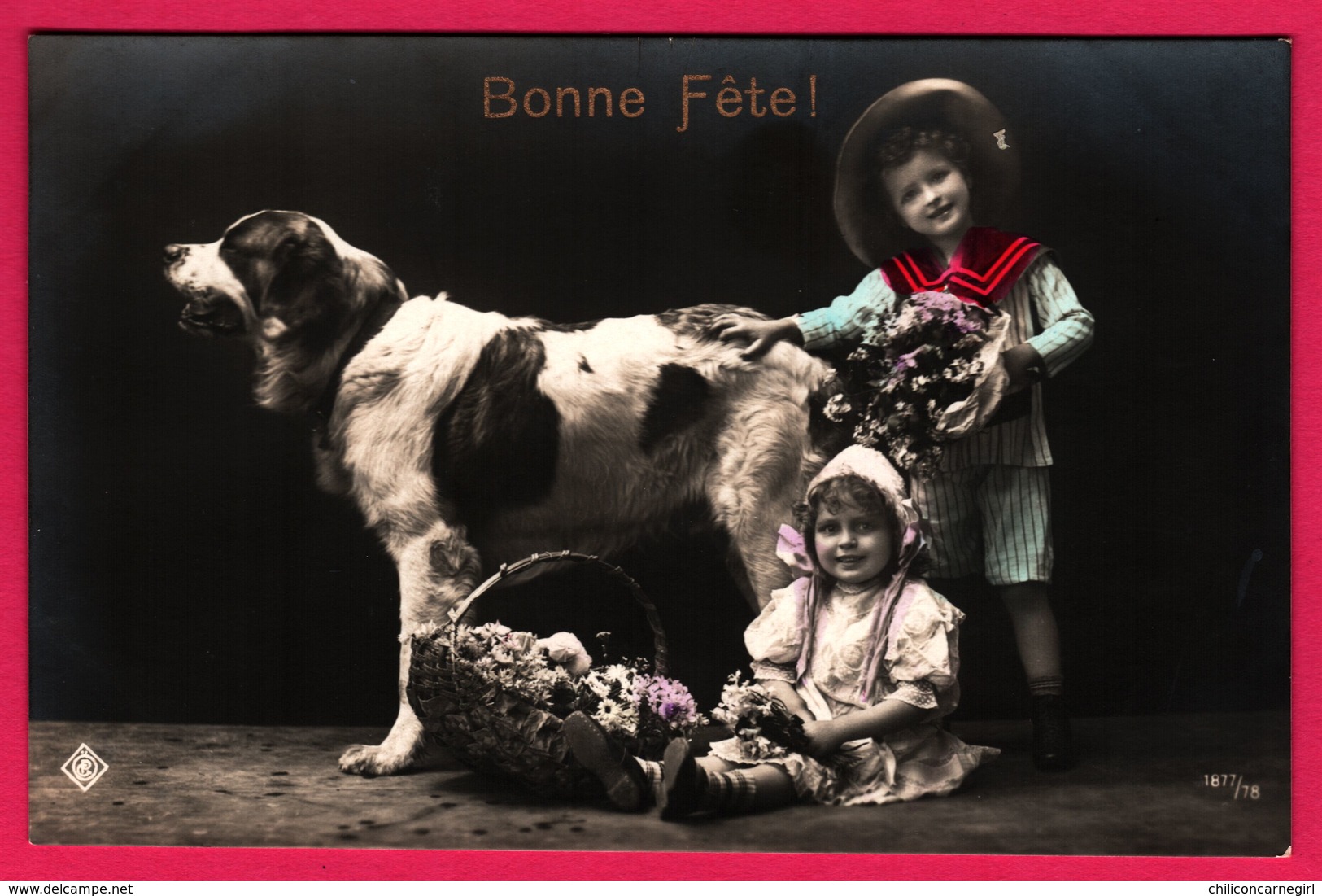 Fantaisie - Bonne Fête - Portrait - Enfant - 1 Fillette Et 1 Garçon - Chien St Bernard - Panier De Fleurs - Enfants - Autres & Non Classés