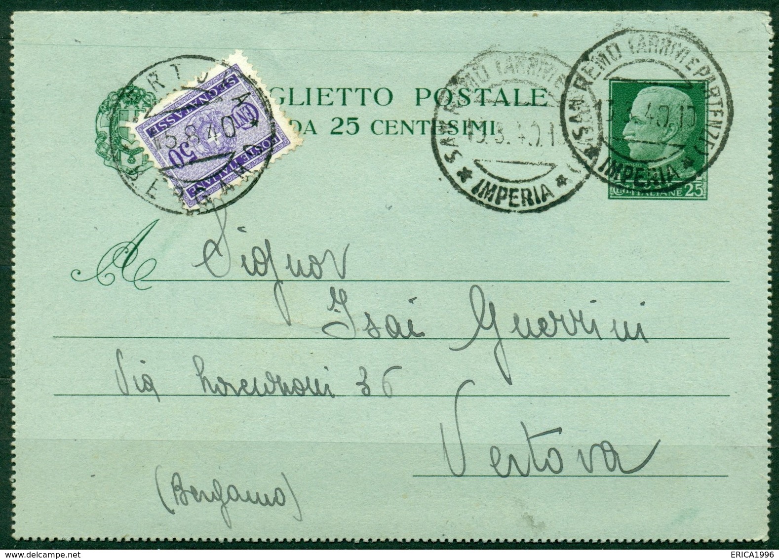 V8683 ITALIA REGNO 1940 Biglietto Postale 25 C., Fil. B31, Interitalia 33, Tassato In Arrivo Segnatasse 50 C., - Interi Postali