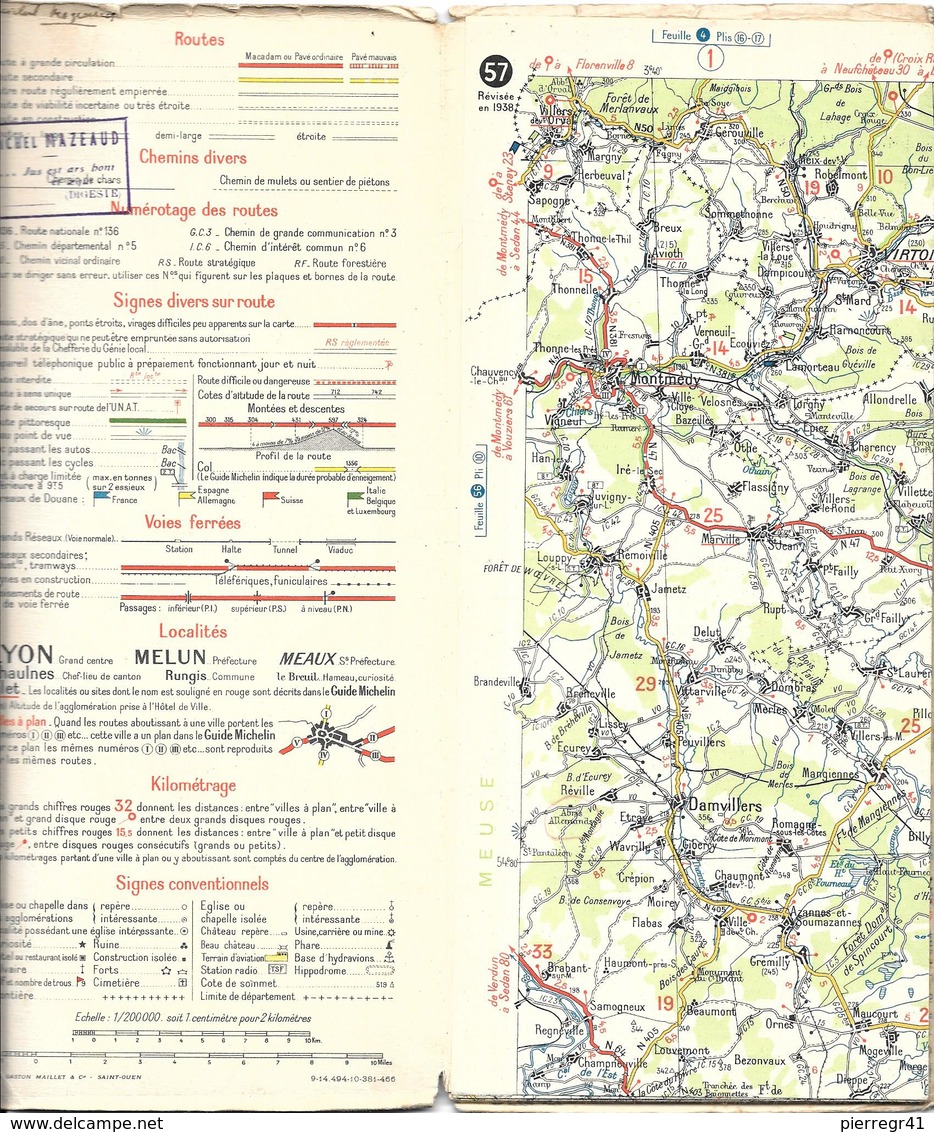 CARTE-ROUTIERE-MICHELIN-N °57-REVISEE1938-VERDUN-WISSEMBOURG-TBE ETAT-Pas De Plis Coupés - Cartes Routières