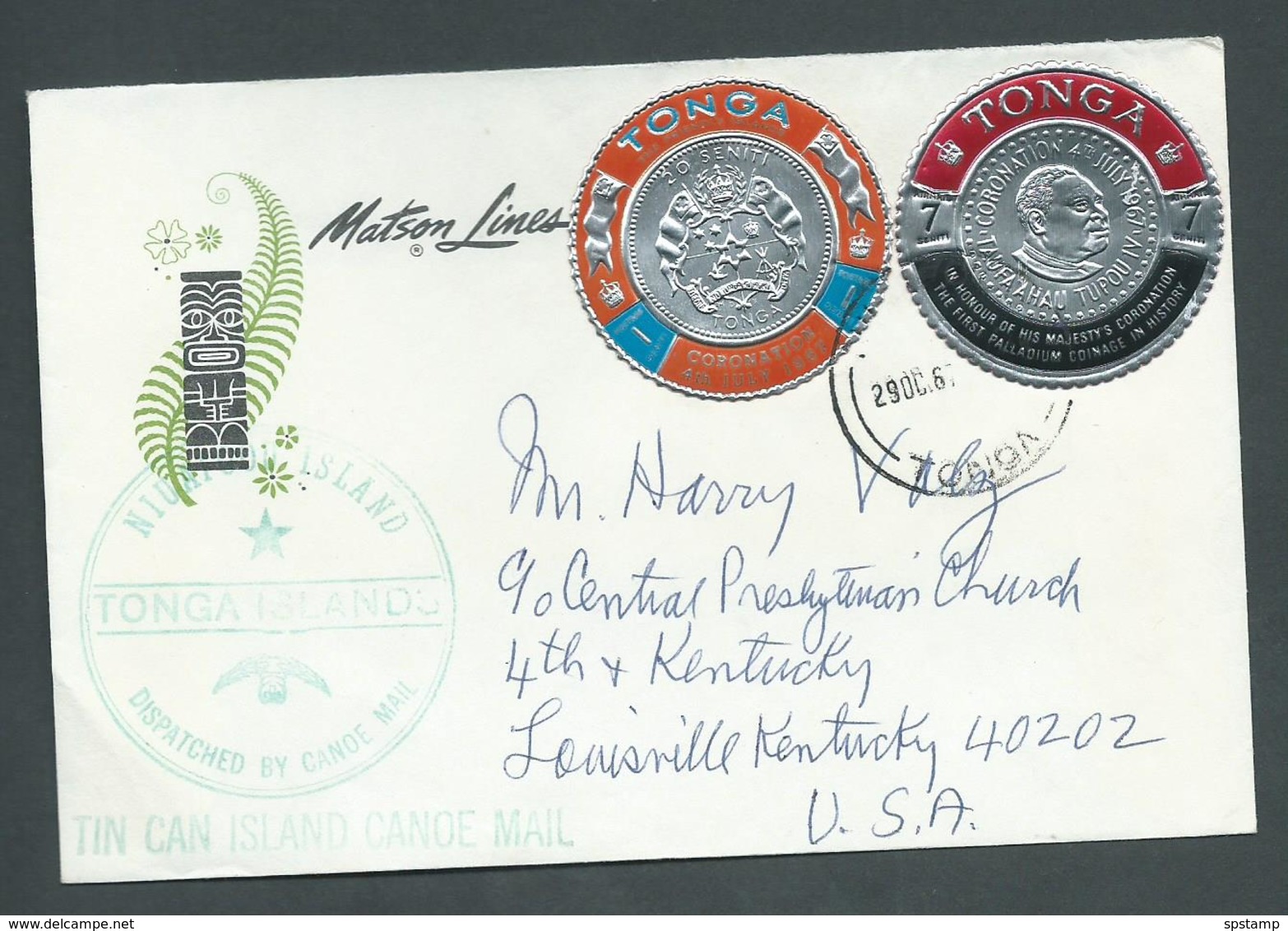 Tonga 1967 Cover With 1s & 7s Kings Birthday Palladium Self Adhesives To USA - Tonga (1970-...)