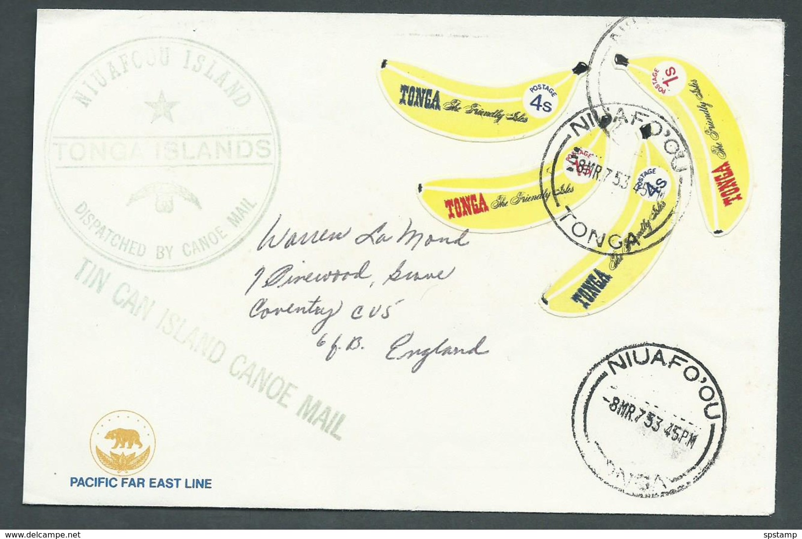 Tonga 1975 Cover With 4 X Banana Self Adhesives To England - Tonga (1970-...)