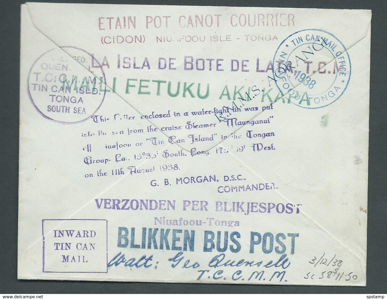 Tonga 1938 Very Clean Tin Can Mail Cover To London , Profusely Cacheted As Always - Tonga (1970-...)