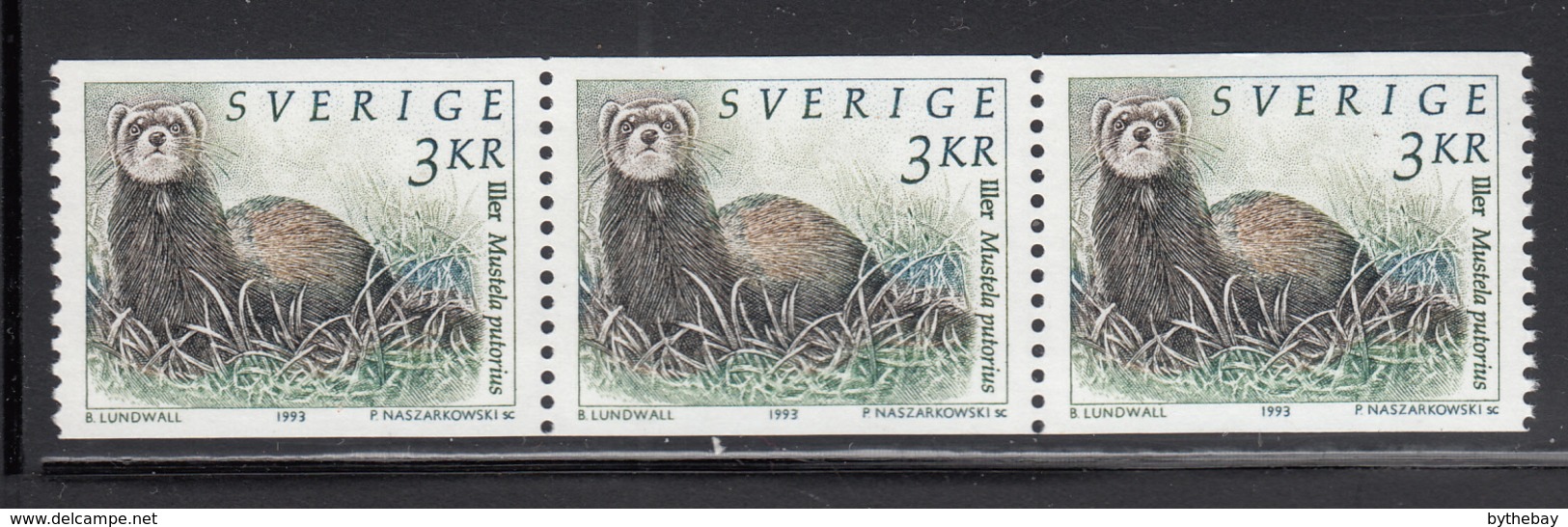 Sweden 1993 MNH Sc #1929 3k Stoat Strip Of 3 - Neufs