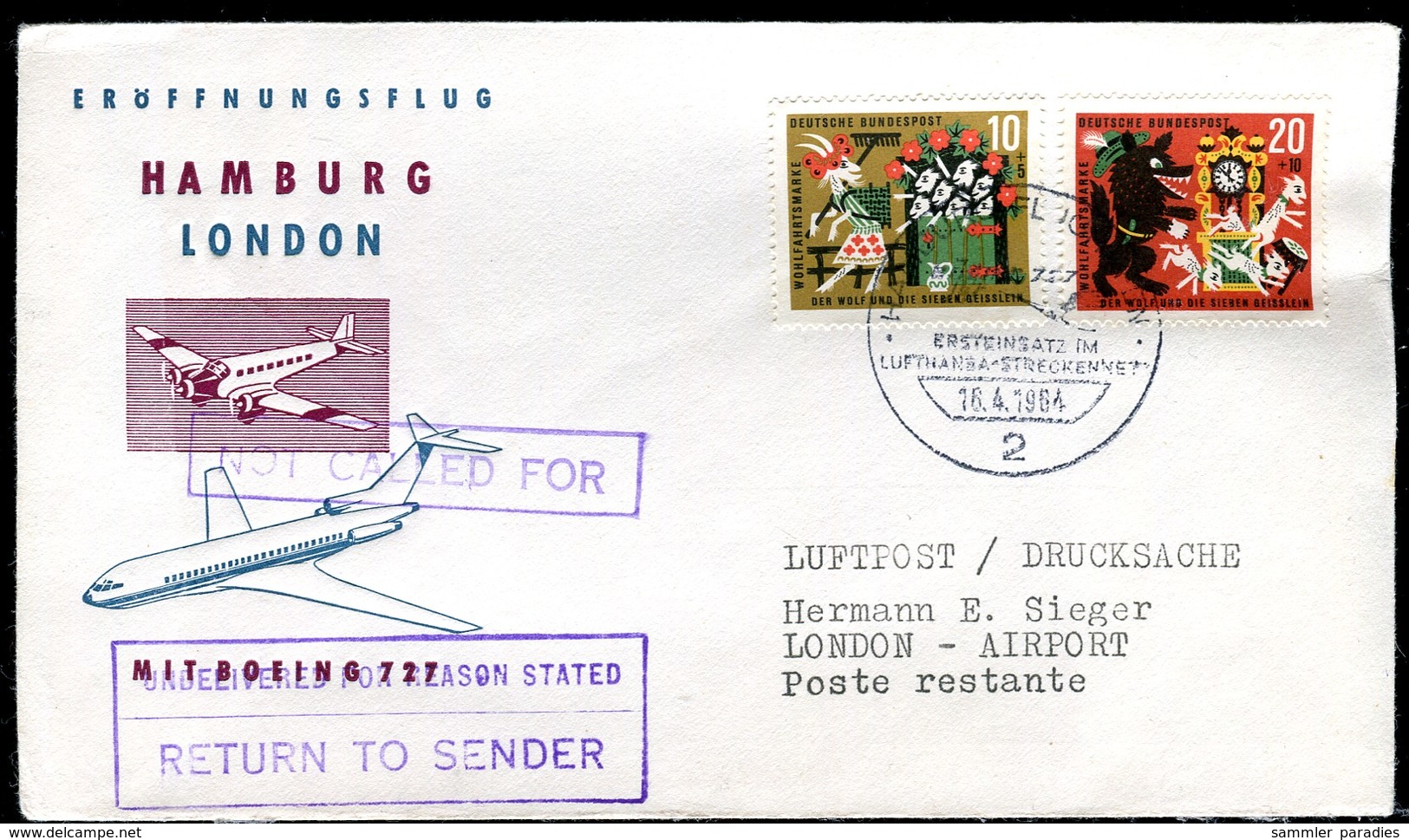 07348) BRD - Erstflug Am 16.4.1964 Mit Boeing 727 - Lufthansa LH ? - Von Hamburg Nach London - Briefe U. Dokumente