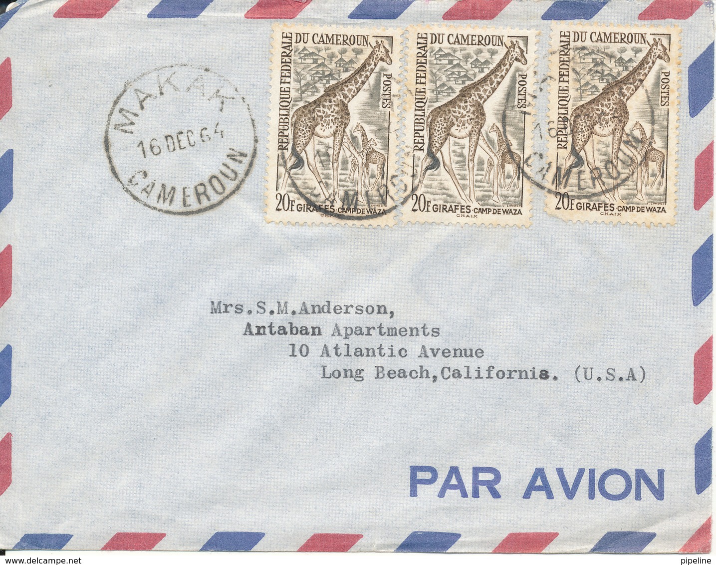 Cameroon Air Mail Cover Sent To USA Makak 16-12-1964 (1 Of The Stamps Is Damaged) - Cameroon (1960-...)