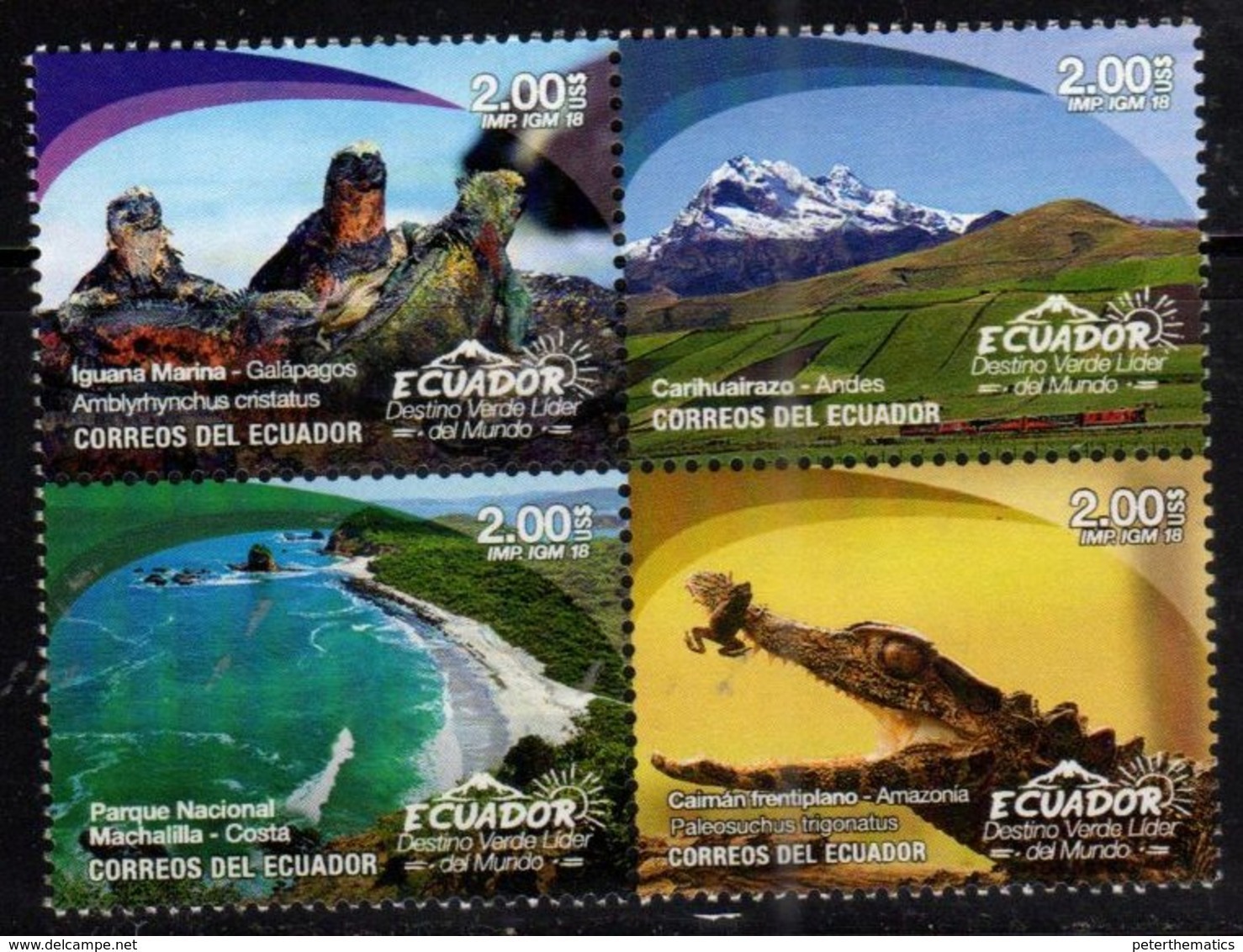 ECUADOR, 2018, MNH, GREEN DESTINATION, REPTILES, IGUANAS, CAYMANS, FROGS, MOUNTAINS, 4v - Altri & Non Classificati