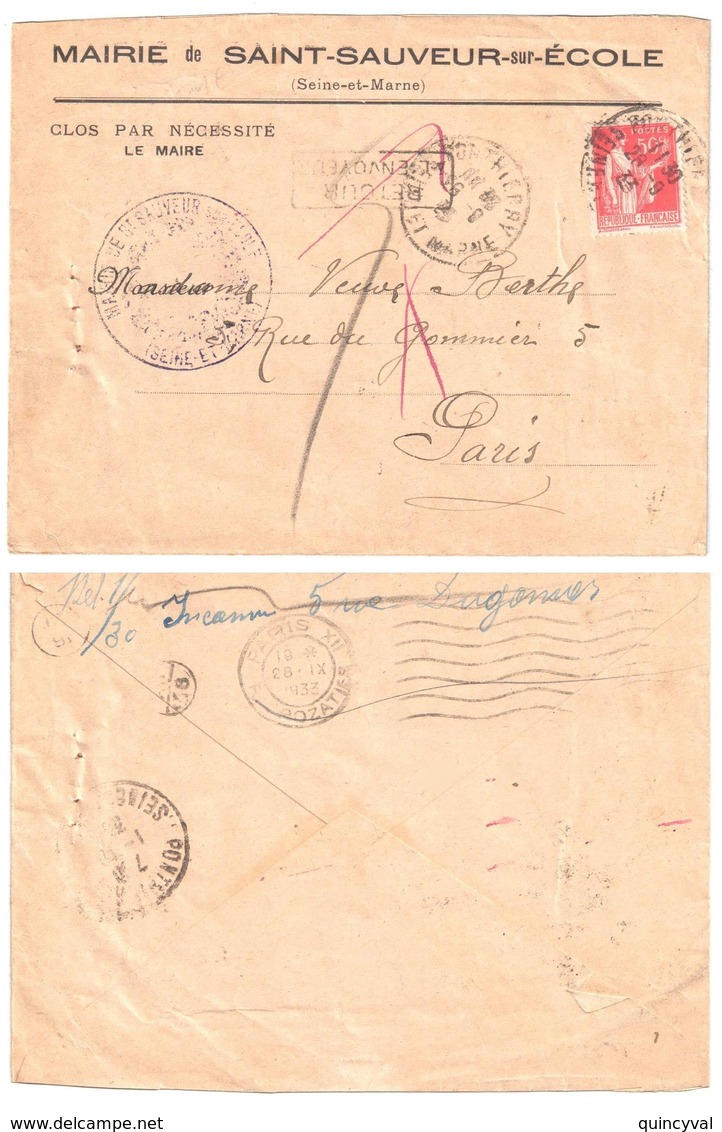 PONTHIERRY Seine Et Marne Lettre Maiirie St Sauveur Retour à L'envoyeur 50c Paix Yv 283 Ob 28 9 1933 - Lettres & Documents