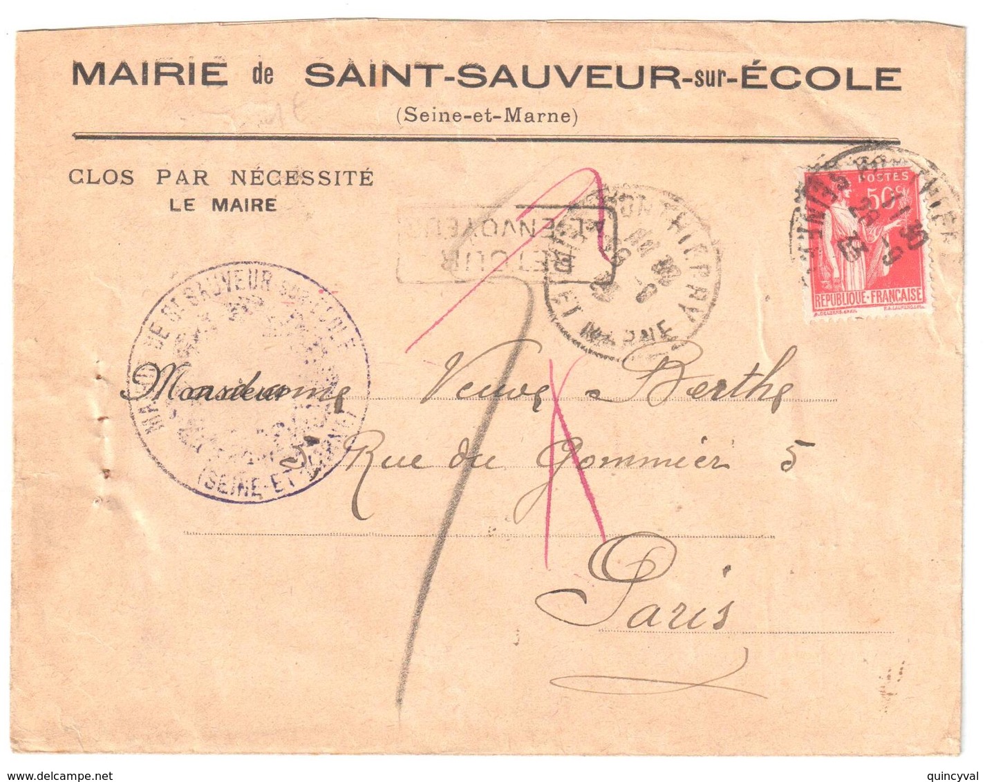 PONTHIERRY Seine Et Marne Lettre Maiirie St Sauveur Retour à L'envoyeur 50c Paix Yv 283 Ob 28 9 1933 - Lettres & Documents