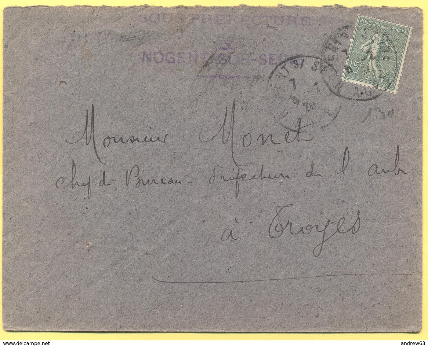 FRANCIA - France - 1920 - 15c Semeuse - Sous-préfecture - Viaggiata Da Nogent-sur-Seine Per Troyes - 1903-60 Semeuse Lignée