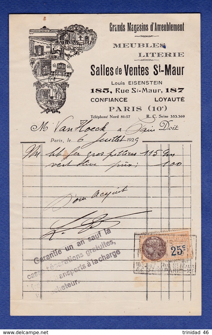 PARIS 10 EME  LOUIS  EISENSTEIN   LITS ET  MEUBLES  185 RUE ST MAUR  1929 TIMBRE FISCAL - Sonstige & Ohne Zuordnung