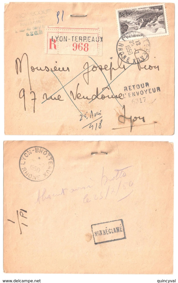 LYON TERREAUX Lettre Recommandée 50F Gerbier De Jonc Yv 843 Ob 1950 Retour à L'envoyeur GC 6317 Verso NON RECLAME - Lettres & Documents