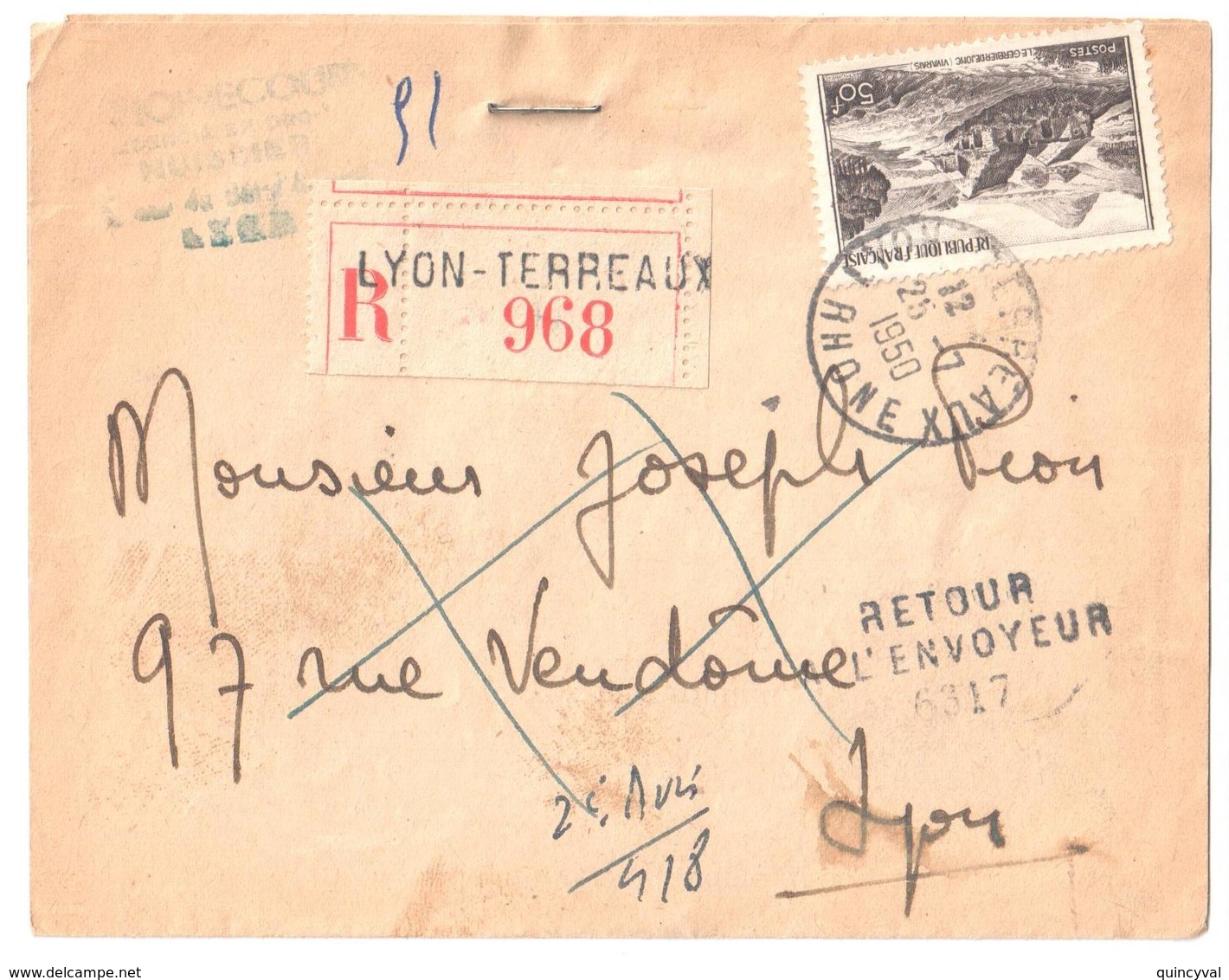 LYON TERREAUX Lettre Recommandée 50F Gerbier De Jonc Yv 843 Ob 1950 Retour à L'envoyeur GC 6317 Verso NON RECLAME - Lettres & Documents